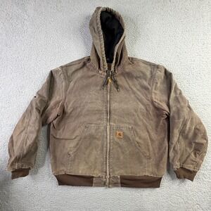 Carhartt J25 CHT Faded Brown Duck Canvas Hooded Jacket Mens L Lined Work Coat